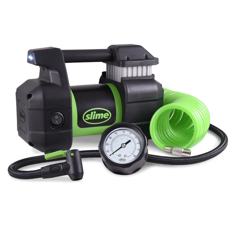 Slime 40031 Tire Inflator, Portable Car, SUV, 4x4 Air Compressor, Pro Power, Heavy Duty, with Analog 150 psi Dial Gauge, Long Hose and LED Light, 12V, 3 min inflation - Image 1